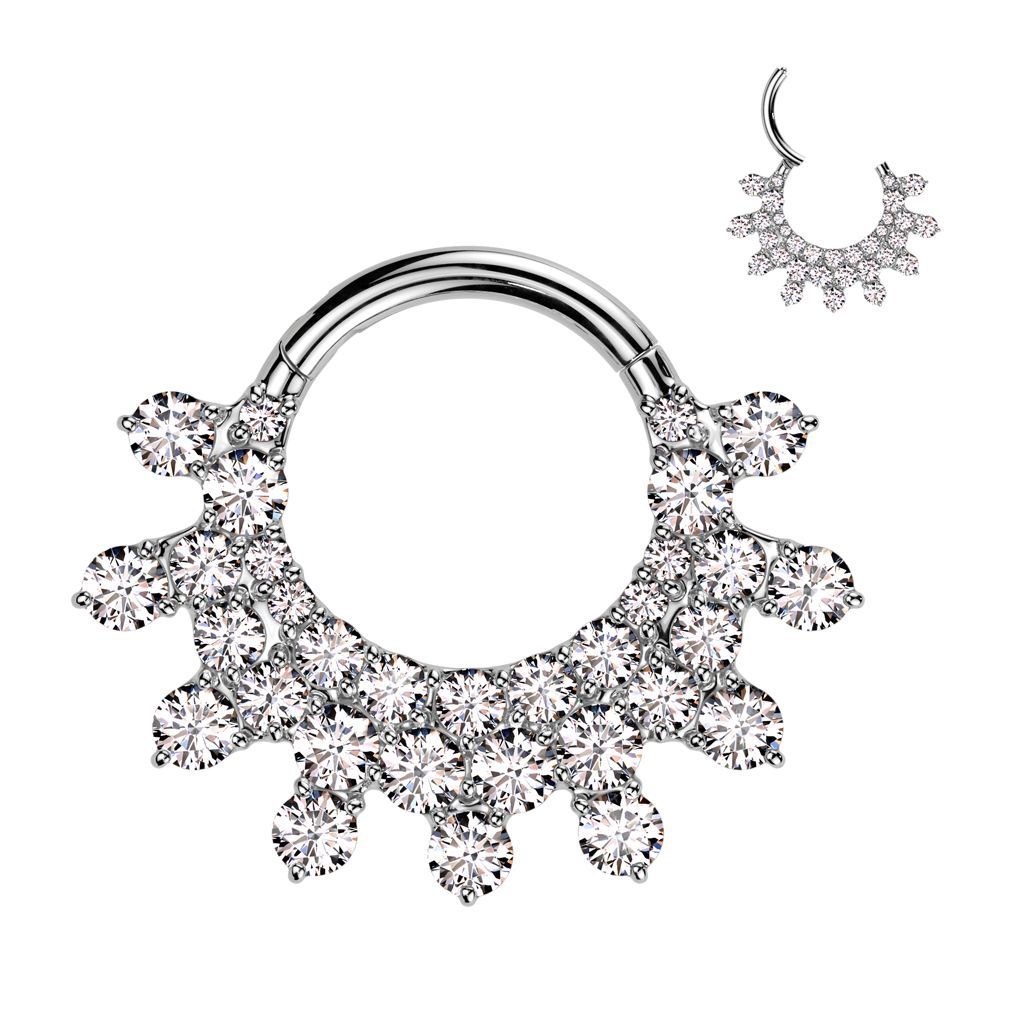 Implant Grade Titanium Hinged Segment Hoop Ring With Forward Facing Pave CZ Fan