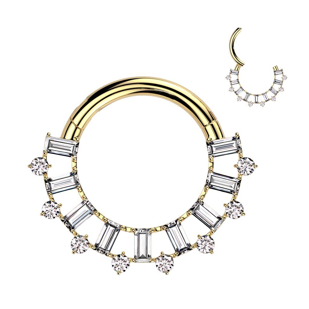 Implant Grade Titanium Hinged Segment Hoop Ring With Forward Facing Baguette CZ Fan and Round CZ Edge