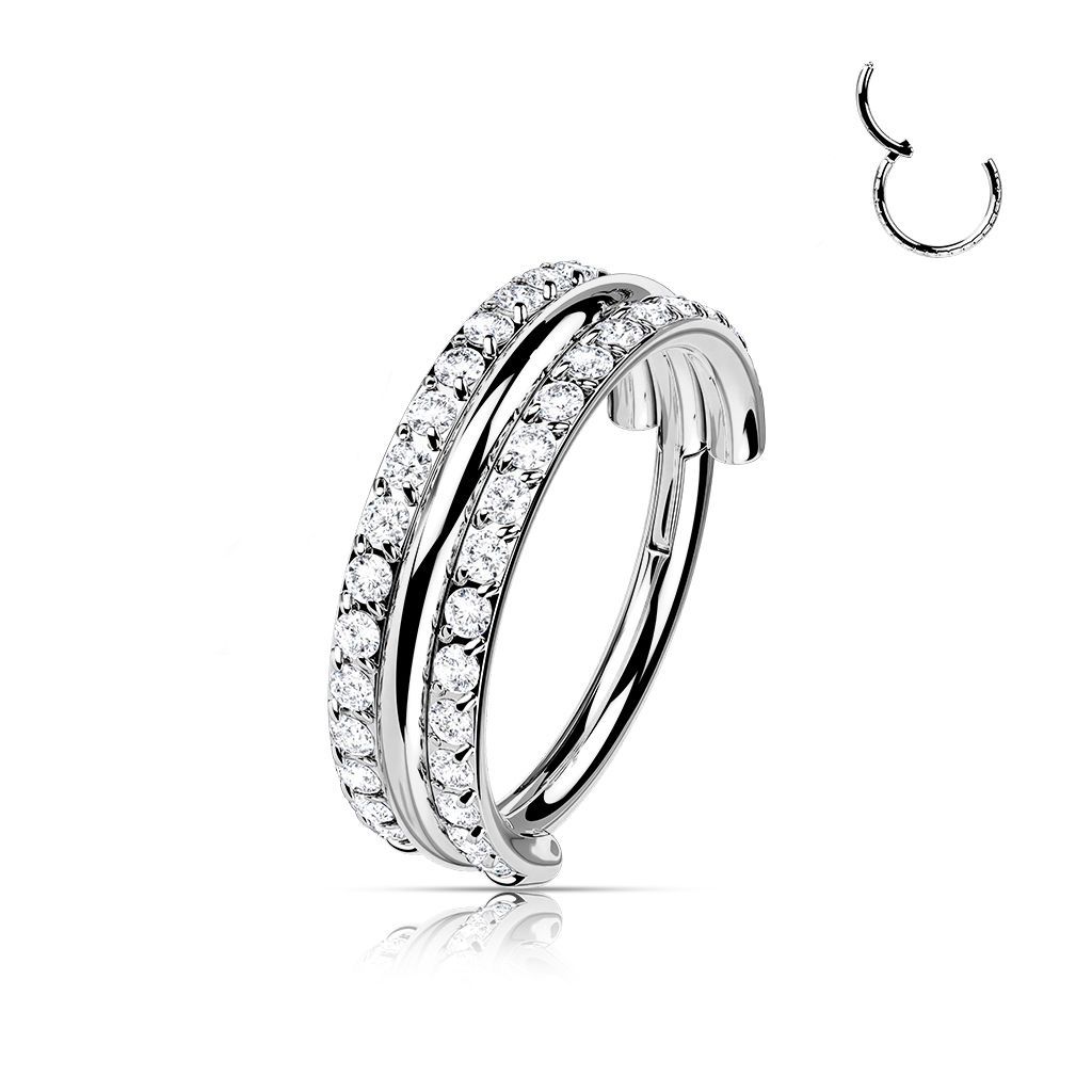 Implant Grade Titanium Hinged Segment Hoop Ring With Outward Facing Triple Stacked Double CZ Line