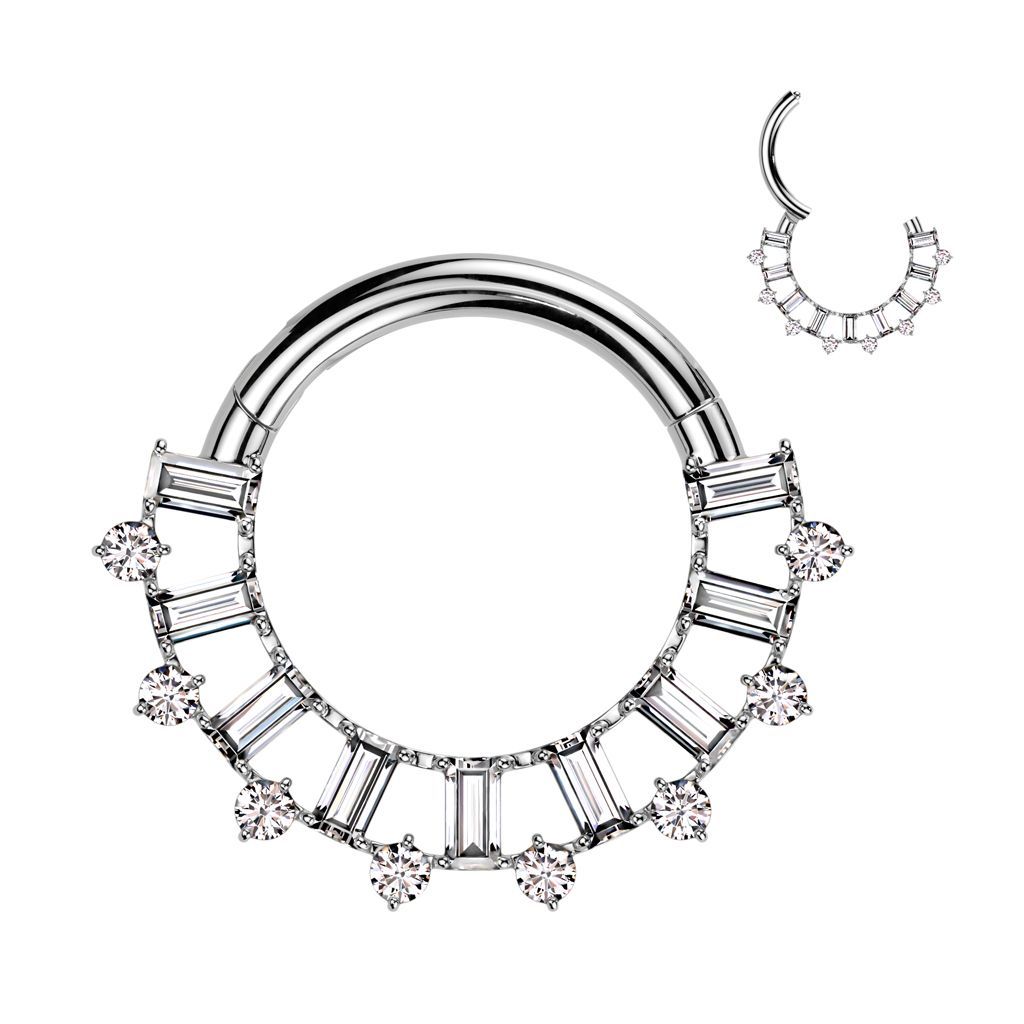Implant Grade Titanium Hinged Segment Hoop Ring With Forward Facing Baguette CZ Fan and Round CZ Edge