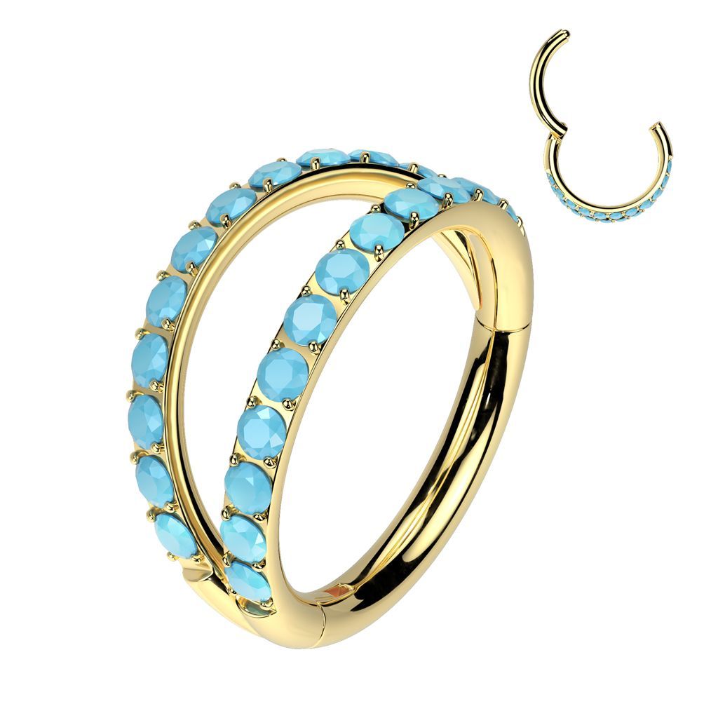 Implant Grade Titanium Hinged Segment Double Hoop Ring With Outward Facing Pave Turquoise