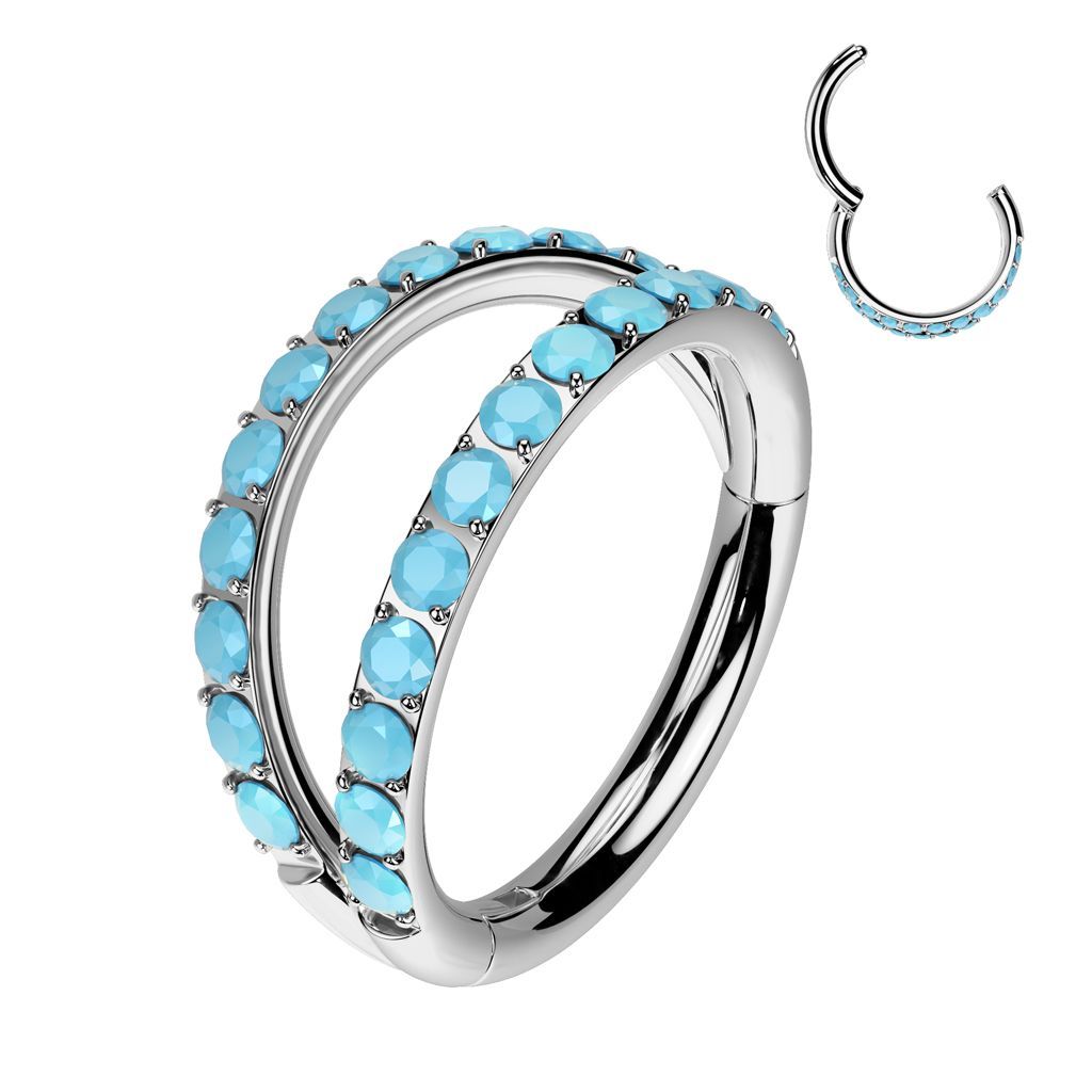 Implant Grade Titanium Hinged Segment Double Hoop Ring With Outward Facing Pave Turquoise