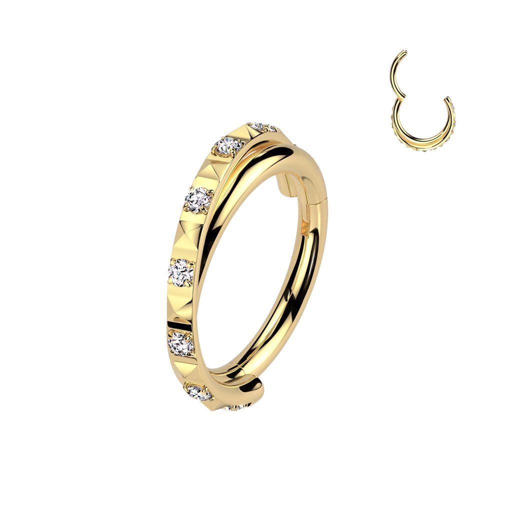 Implant Grade Titanium Hinged Segment Hoop Ring With Criss-Cross CNC CZ Paved In Between Pyramid Cuts