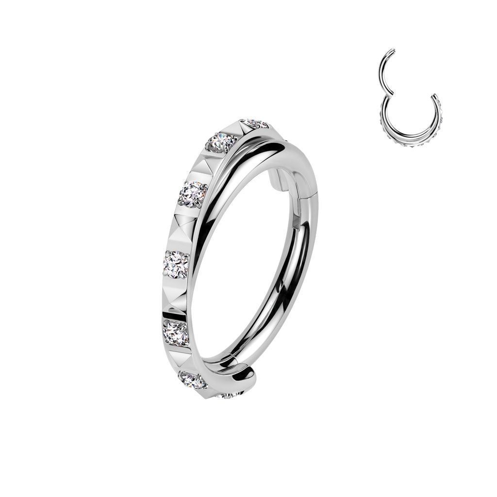 Implant Grade Titanium Hinged Segment Hoop Ring With Criss-Cross CNC CZ Paved In Between Pyramid Cuts