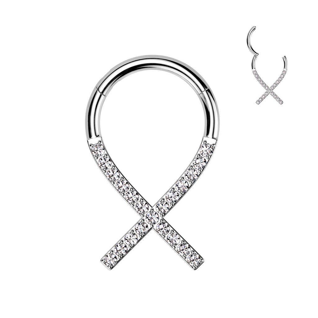 Implant Grade Titanium Hinged Segment Hoop Ring Cancer Ribbon Lined With CZ