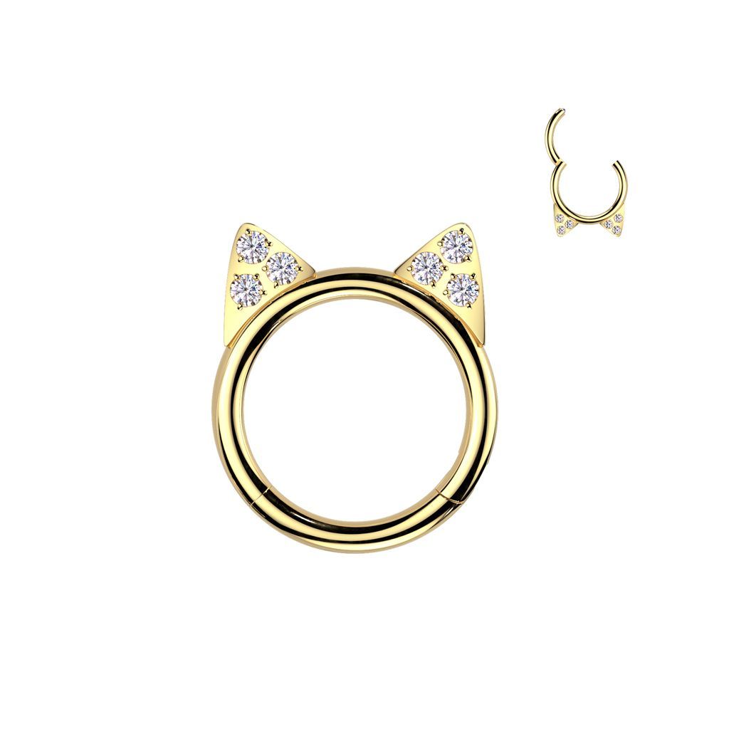 Implant Grade Titanium Hinged Segment Hoop Ring With CZ Paved Kitty Ears
