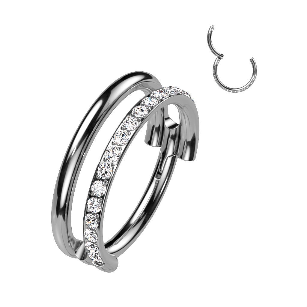 Implant Grade Titanium Hinged Segment Double Hoop Ring With One Outward Facing Pave CZ Line