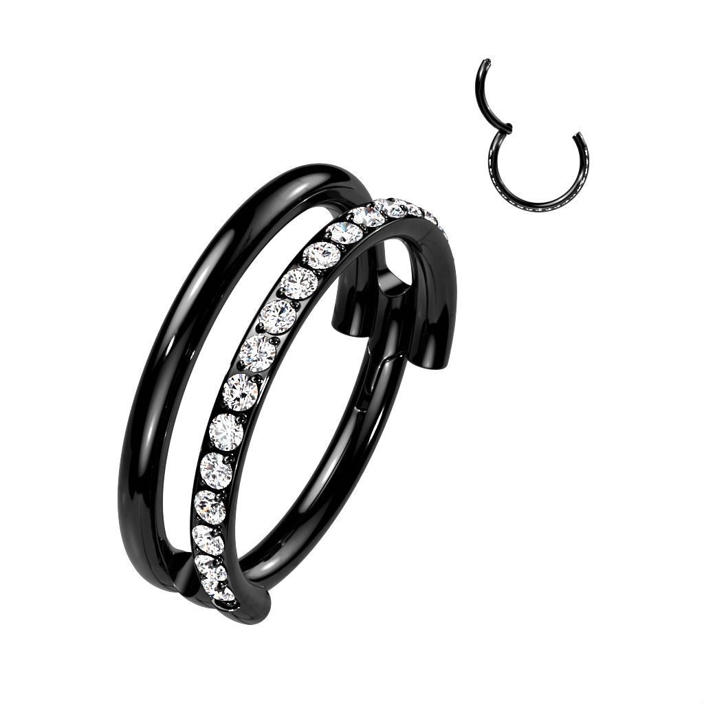 Implant Grade Titanium Hinged Segment Double Hoop Ring With One Outward Facing Pave CZ Line