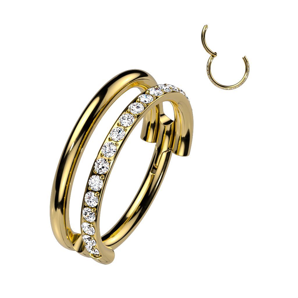 Implant Grade Titanium Hinged Segment Double Hoop Ring With One Outward Facing Pave CZ Line