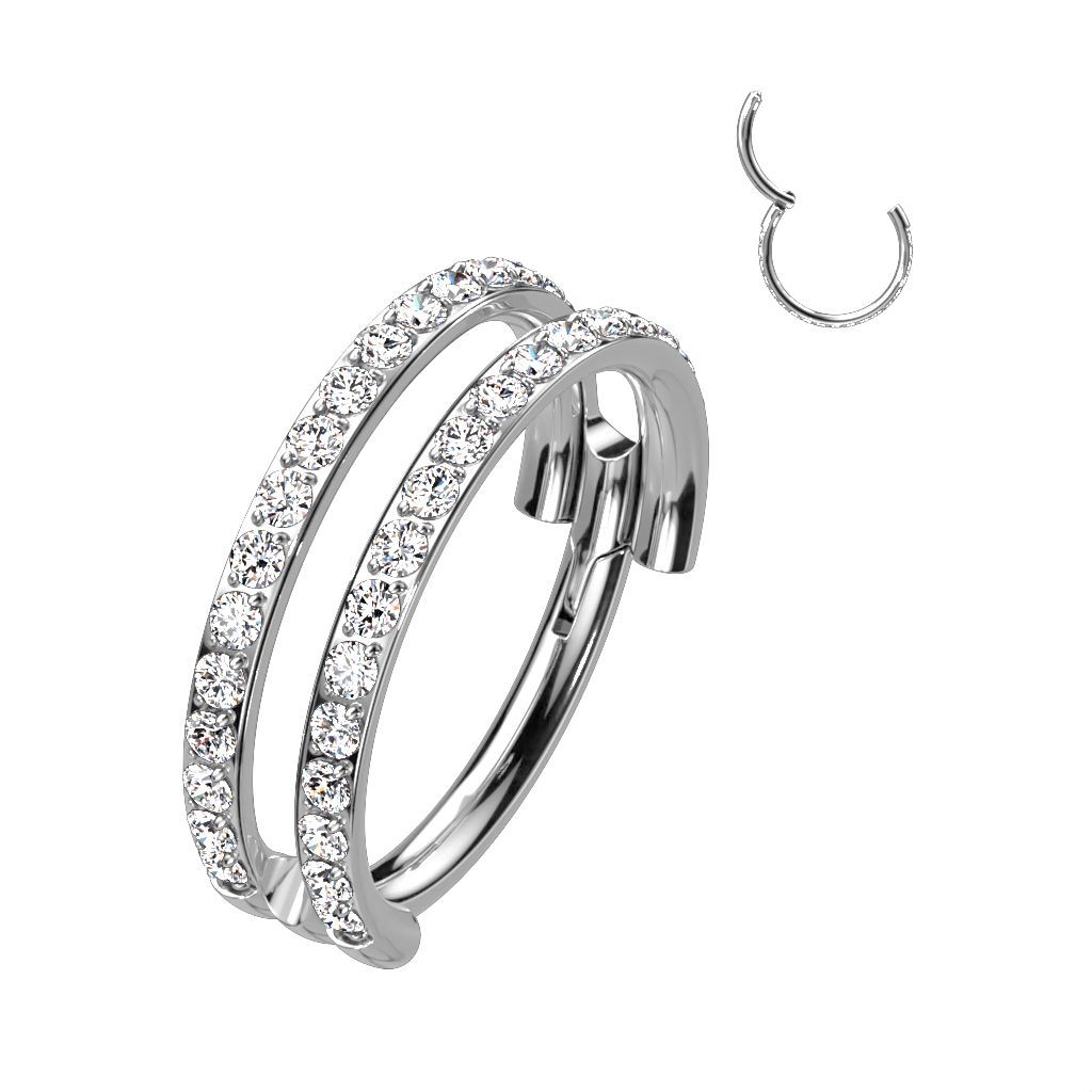 Implant Grade Titanium Hinged Segment Double Line Hoop Ring With Outward Facing Pave CZs