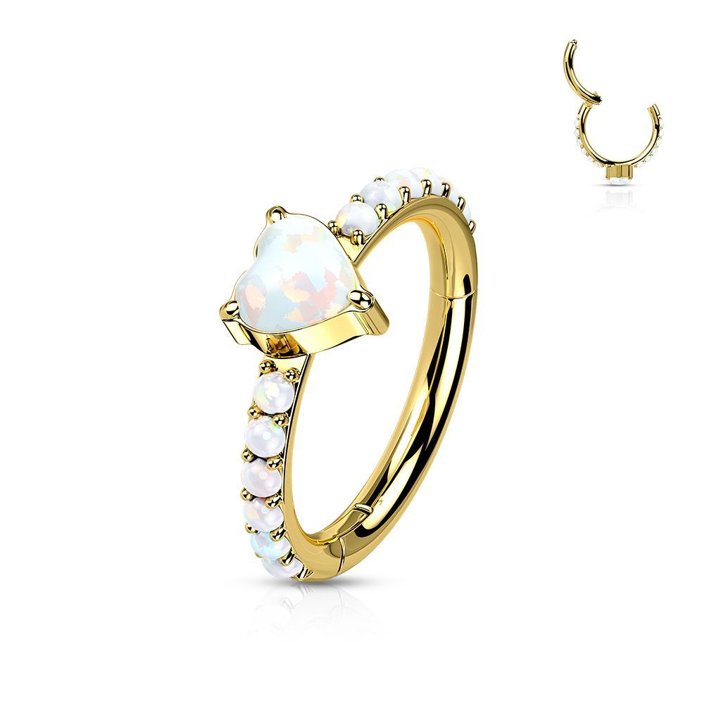 Implant Grade Titanium Hinged Segment Hoop Ring With Opal Heart Center and Pave Opal Sides