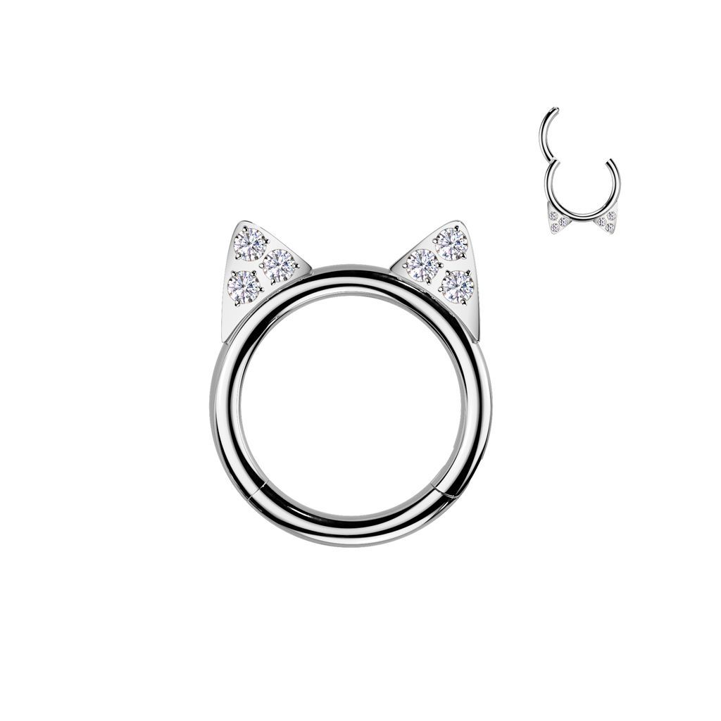 Implant Grade Titanium Hinged Segment Hoop Ring With CZ Paved Kitty Ears