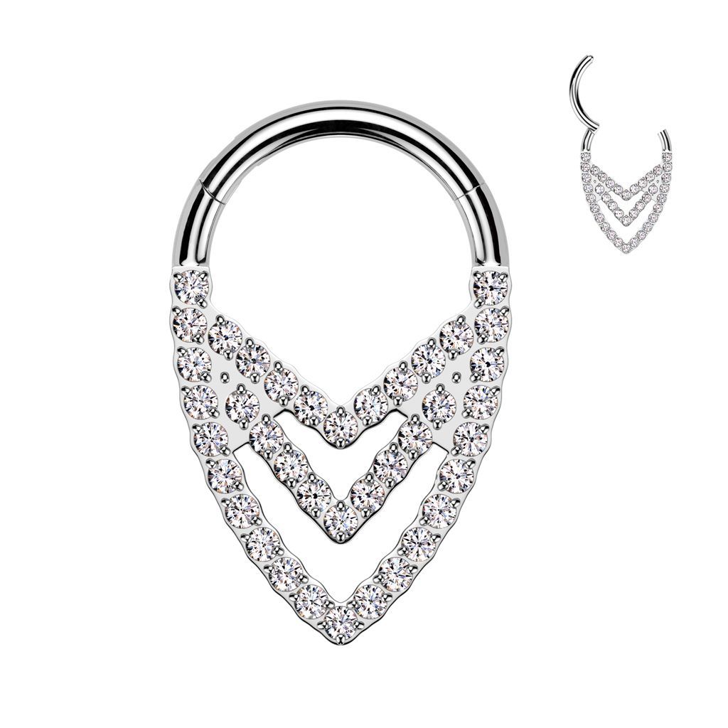 Implant Grade Titanium Hinged Segment Hoop Ring With Pave CZ Triple Chevron