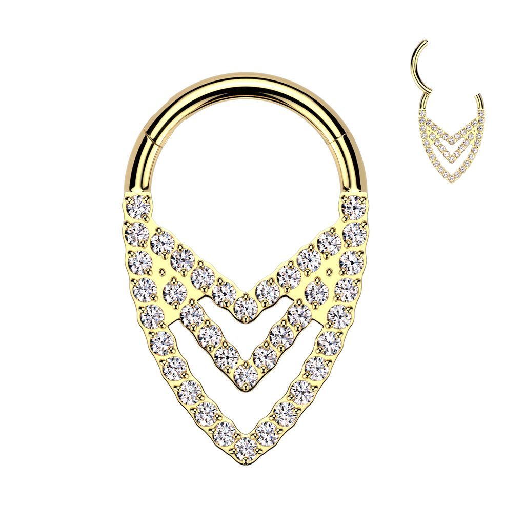 Implant Grade Titanium Hinged Segment Hoop Ring With Pave CZ Triple Chevron