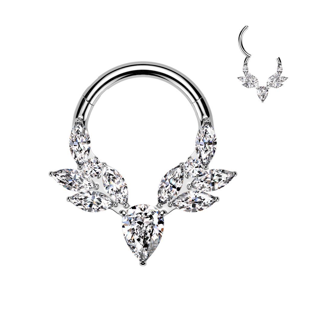 Implant Grade Titanium CZ Pear Center Hinged Segment Hoop Ring With Marquise CZ Vines