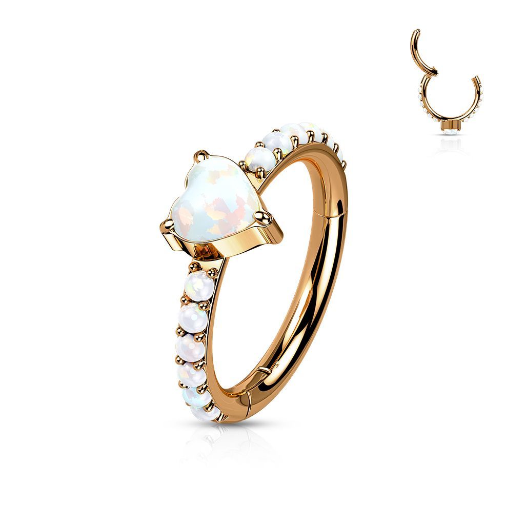 Implant Grade Titanium Hinged Segment Hoop Ring With Opal Heart Center and Pave Opal Sides