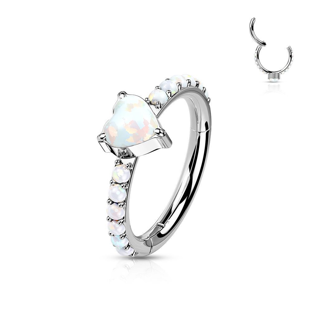 Implant Grade Titanium Hinged Segment Hoop Ring With Opal Heart Center and Pave Opal Sides