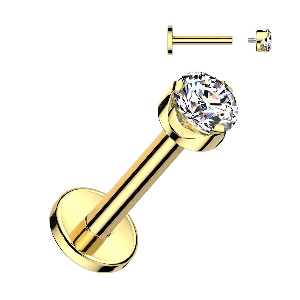 Implant Grade Titanium Internally Threaded Labret With Flat Back Prong Set Round CZ Top
