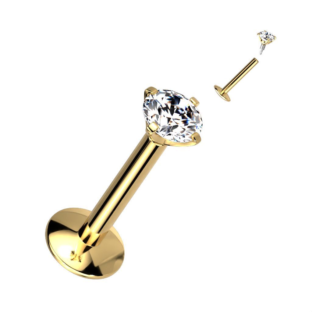 Implant Grade Titanium Internally Threaded 4mm Convex Base Labret With Prong Set CZ Extended Thread Top