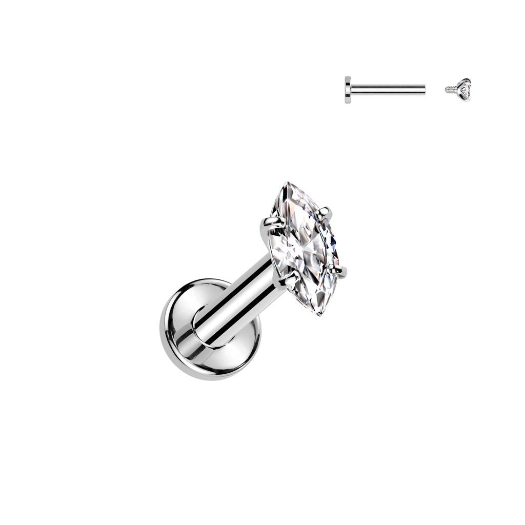 Implant Grade Titanium Internally Threaded Labret With Prong Set Marquise CZ Top