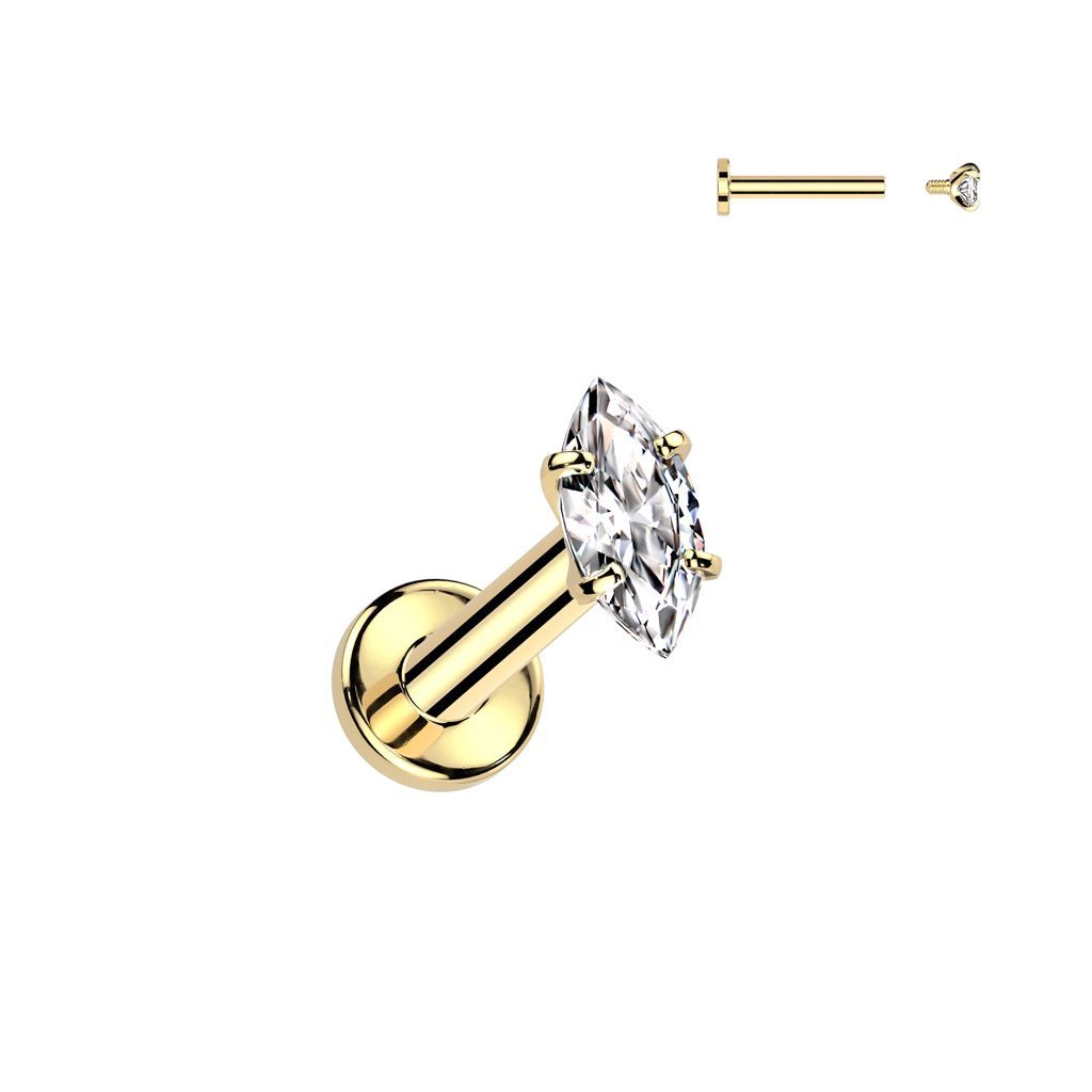 Implant Grade Titanium Internally Threaded Labret With Prong Set Marquise CZ Top