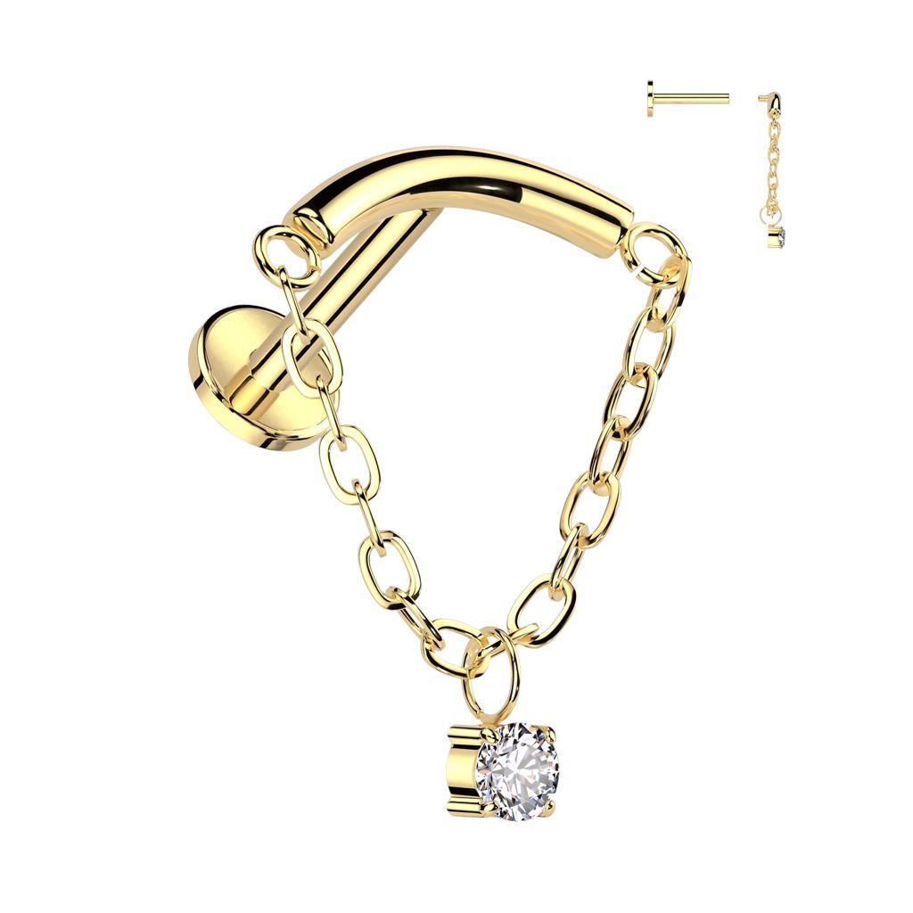 Implant Grade Titanium Internally Threaded Labret With Chain Linked Curved Bar and CZ Dangle Top