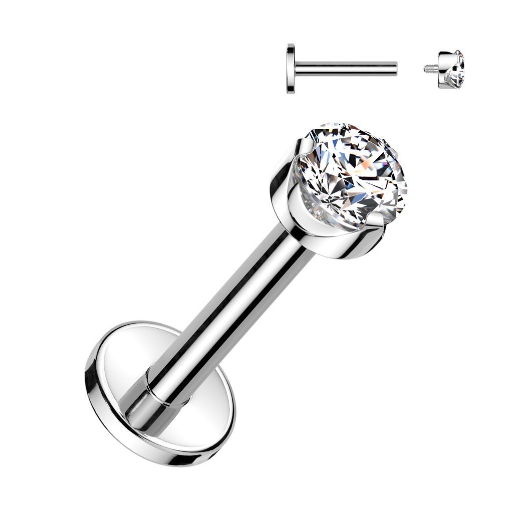 Implant Grade Titanium Internally Threaded Labret With Flat Back Prong Set Round CZ Top