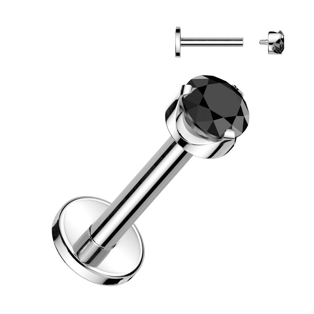 Implant Grade Titanium Internally Threaded Labret With Flat Back Prong Set Round CZ Top
