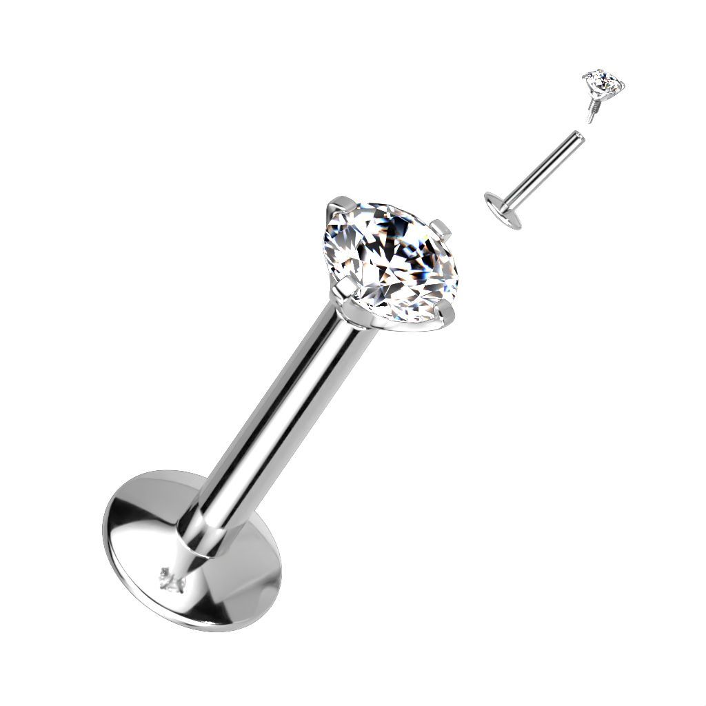 Implant Grade Titanium Internally Threaded 4mm Convex Base Labret With Prong Set CZ Extended Thread Top