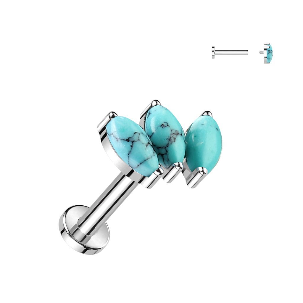 Implant Grade Titanium Internally Threaded Labret With Triple Marquise Natural Stone Top