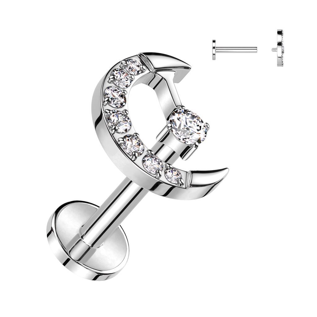 Implant Grade Titanium Internally Threaded Labret With CZ Pave Crescent Moon and CZ Center Top