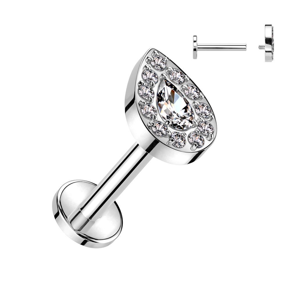 Implant Grade Titanium Internally Threaded Labret Teardrop CZ Center With CNC CZ Rim Top