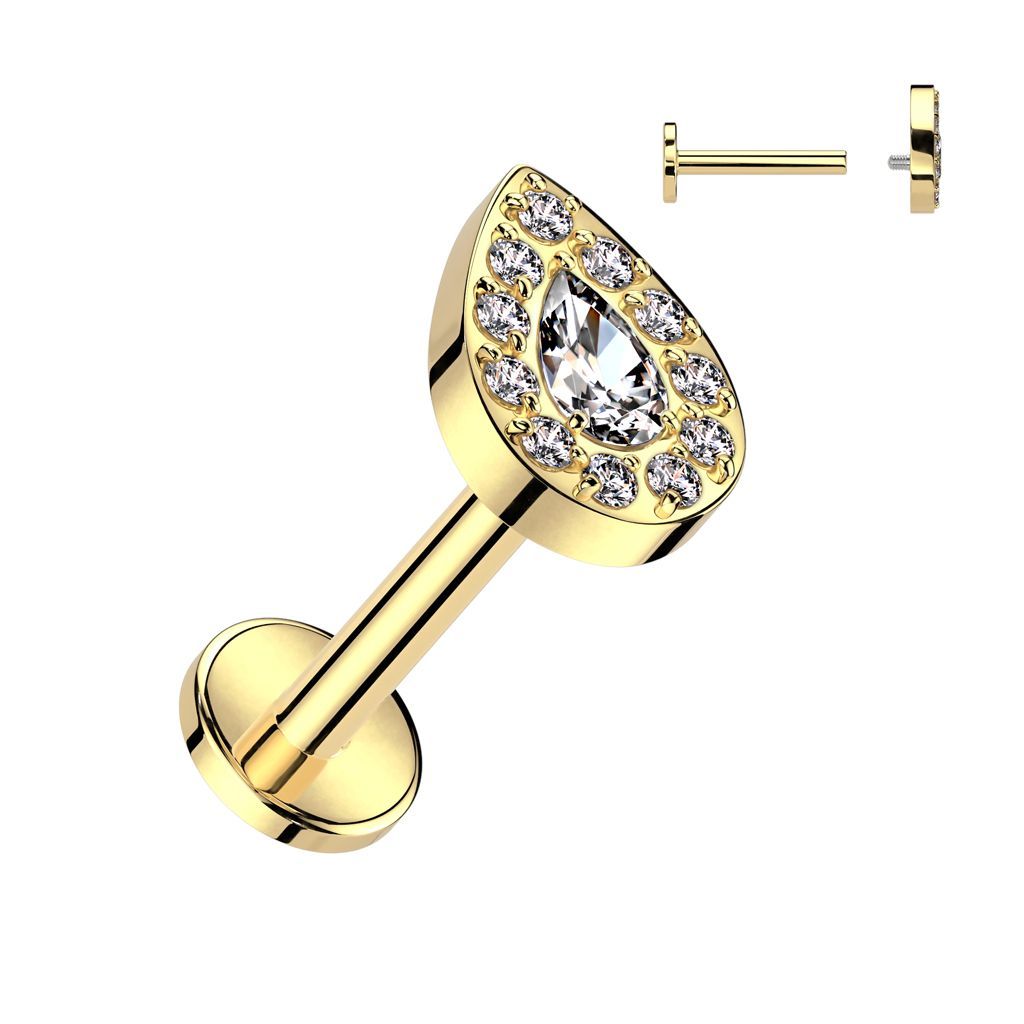 Implant Grade Titanium Internally Threaded Labret Teardrop CZ Center With CNC CZ Rim Top