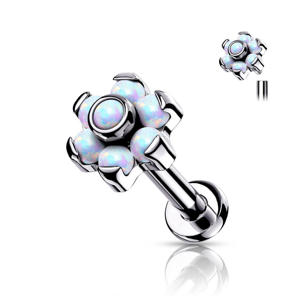 Implant Grade Titanium Internally Threaded Opal Flower Top Labret With Bezel Set Center and Prong Set Petals