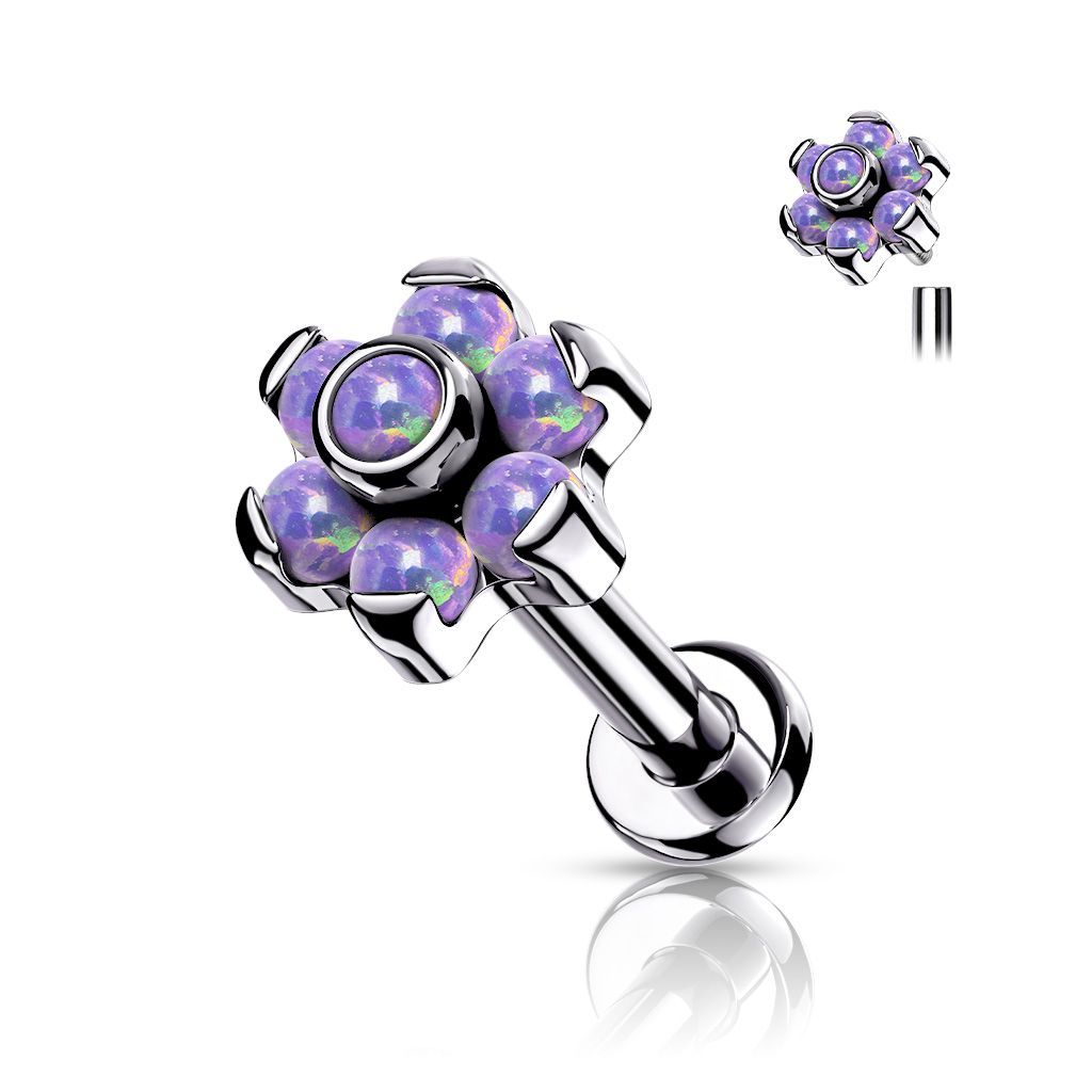 Implant Grade Titanium Internally Threaded Opal Flower Top Labret With Bezel Set Center and Prong Set Petals
