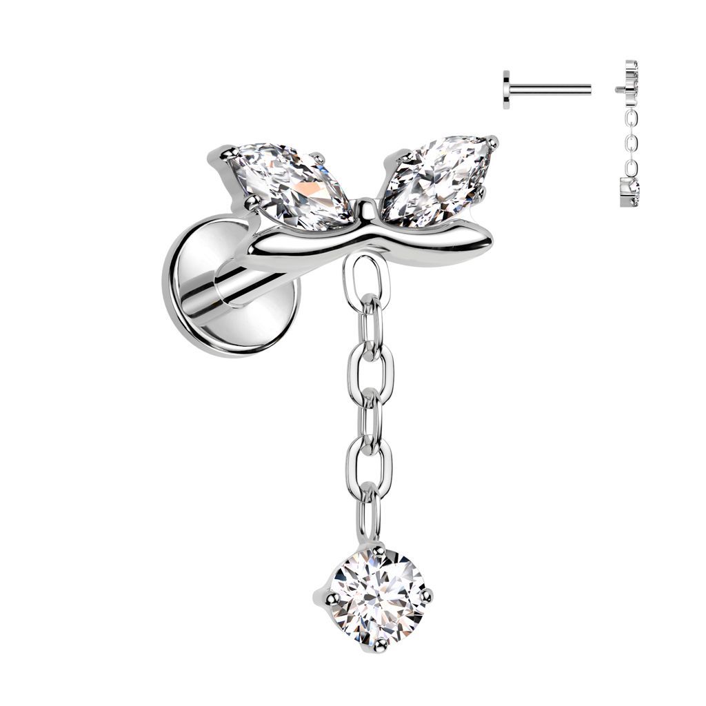 Implant Grade Titanium Internally Threaded Labret With Marquise CZ Bow and CZ Dangle