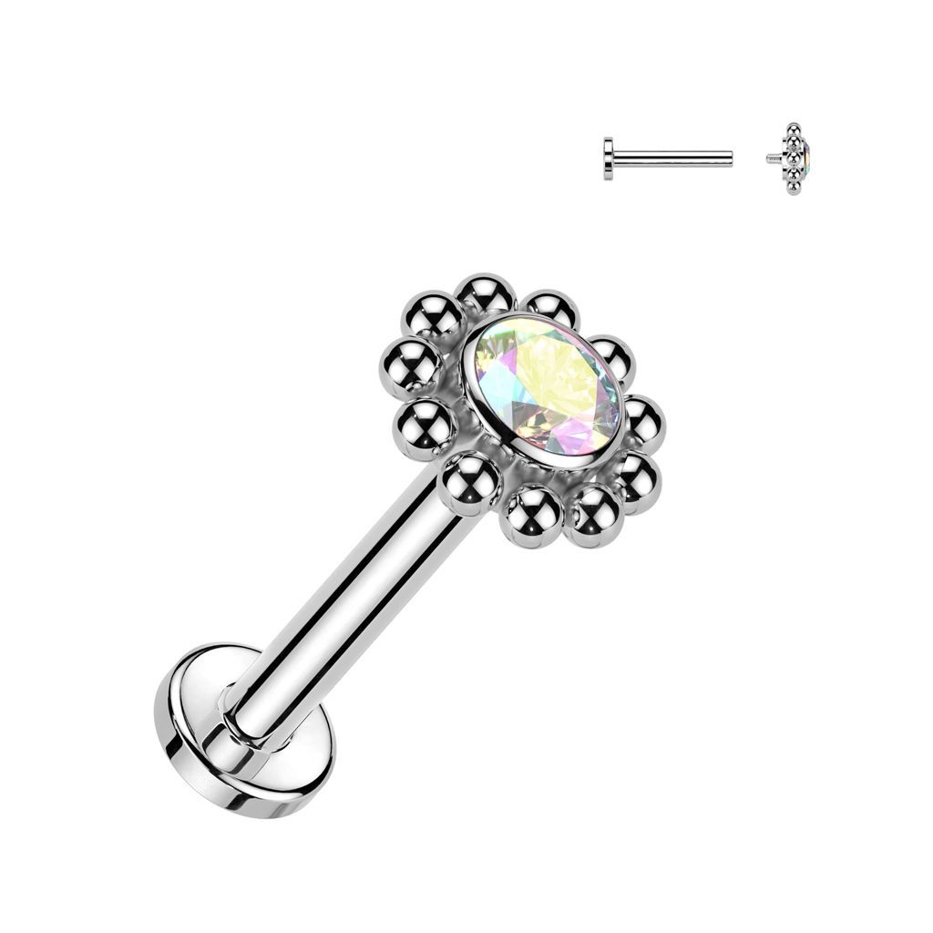 Implant Grade Titanium Internally Threaded Labret With Bezel Set CZ Center and Beaded Ball Edge Top