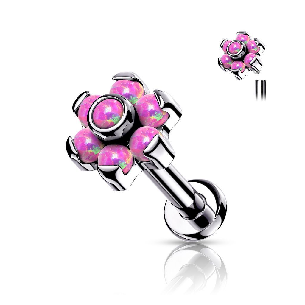 Implant Grade Titanium Internally Threaded Opal Flower Top Labret With Bezel Set Center and Prong Set Petals