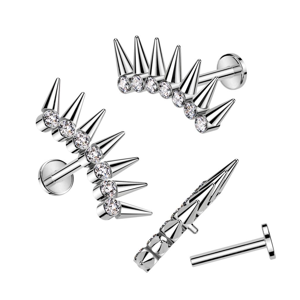 Implant Grade Titanium Internally Threaded Labret With 7 Spikes CZ Fan Top