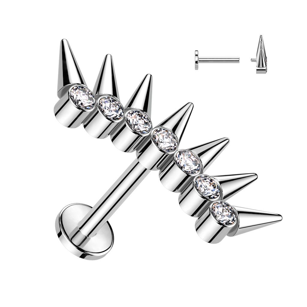 Implant Grade Titanium Internally Threaded Labret With 7 Spikes CZ Fan Top
