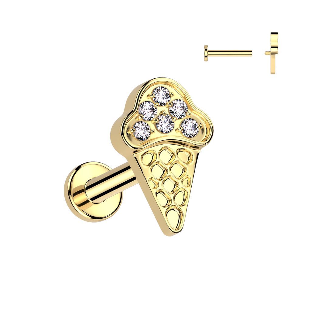 Implant Grade Titanium Internally Threaded Labret With CZ Pave Ice Cream Cone Top