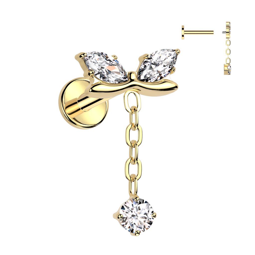 Implant Grade Titanium Internally Threaded Labret With Marquise CZ Bow and CZ Dangle