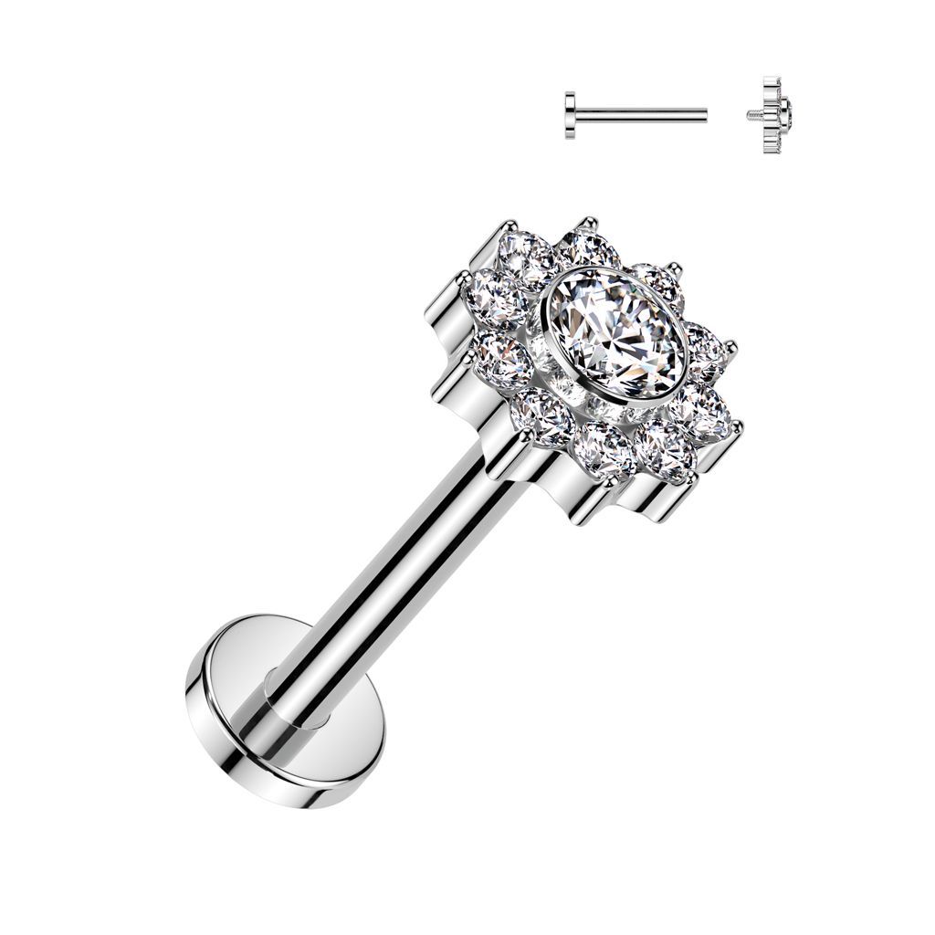 Implant Grade Titanium Internally Threaded Labret With CZ Pave Flower Top