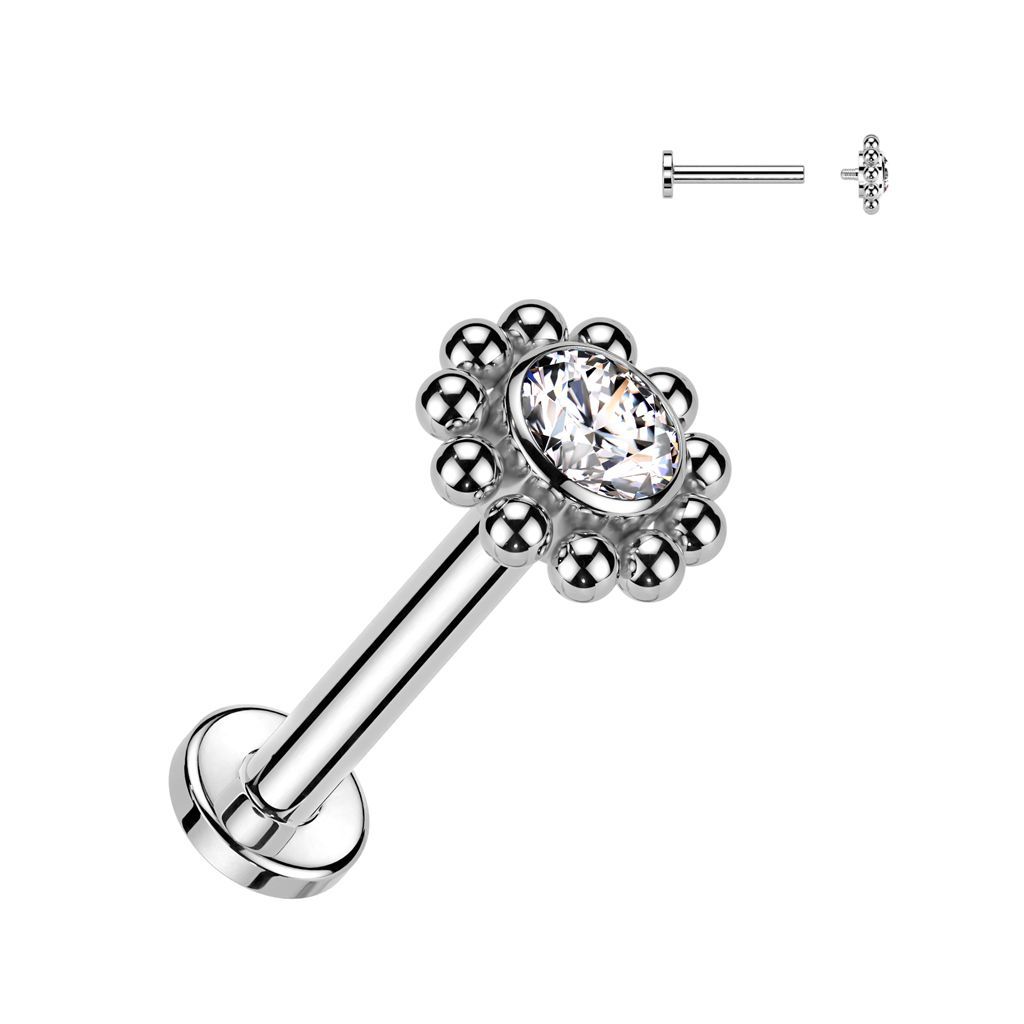 Implant Grade Titanium Internally Threaded Labret With Bezel Set CZ Center and Beaded Ball Edge Top