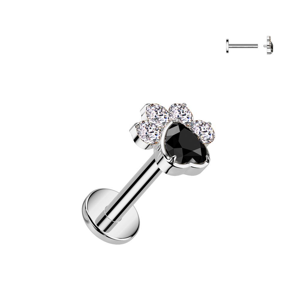 Implant Grade Titanium Internally Threaded Flat Back Stud With CZ Heart And 4 CZ Paw Top