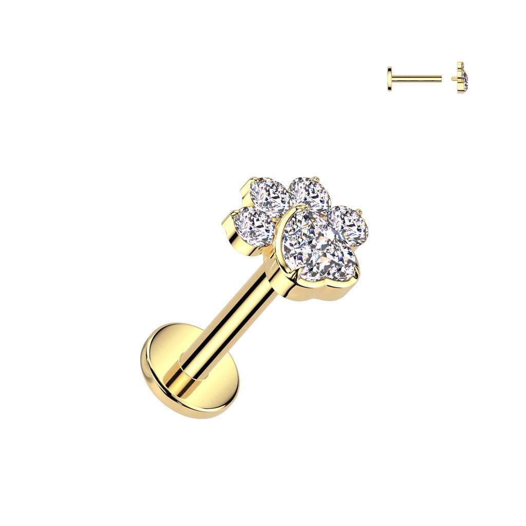 Implant Grade Titanium Internally Threaded Flat Back Stud With CZ Heart And 4 CZ Paw Top