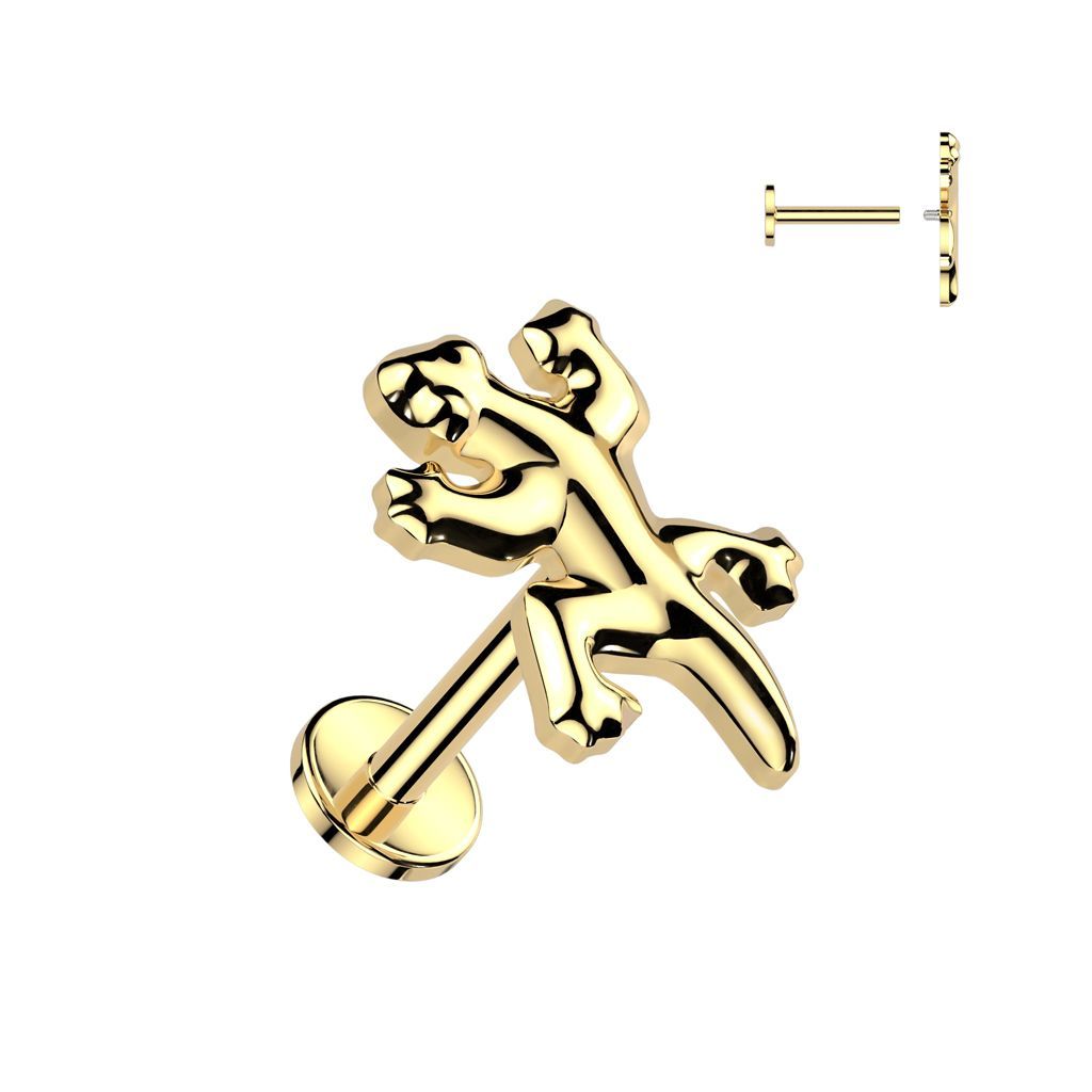 Implant Grade Titanium Internally Threaded Labret, Flat Back Stud With Gecko Top