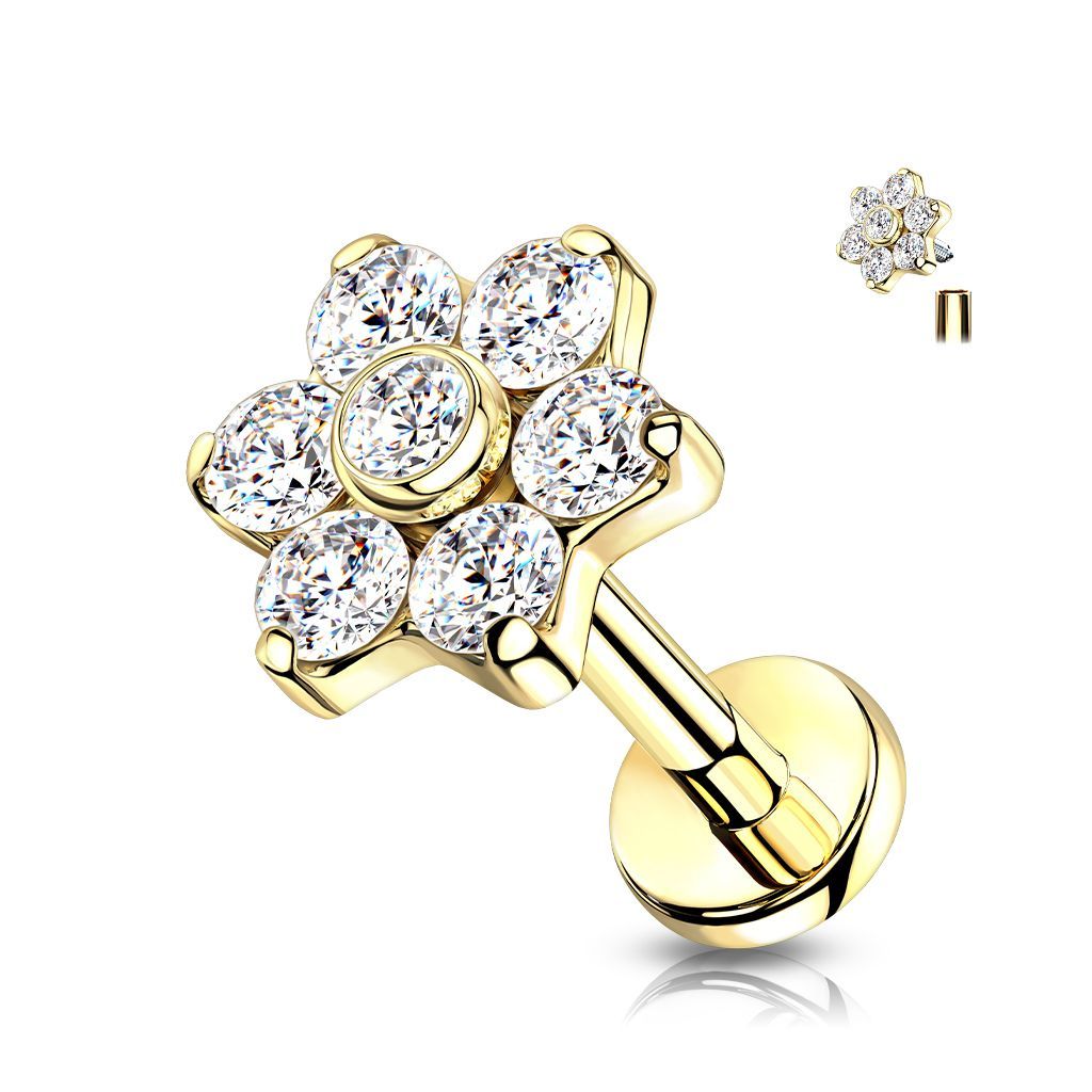 Implant Grade Titanium Internally Threaded CZ Flower Top Labret With Bezel Set Center and Prong Set Petals