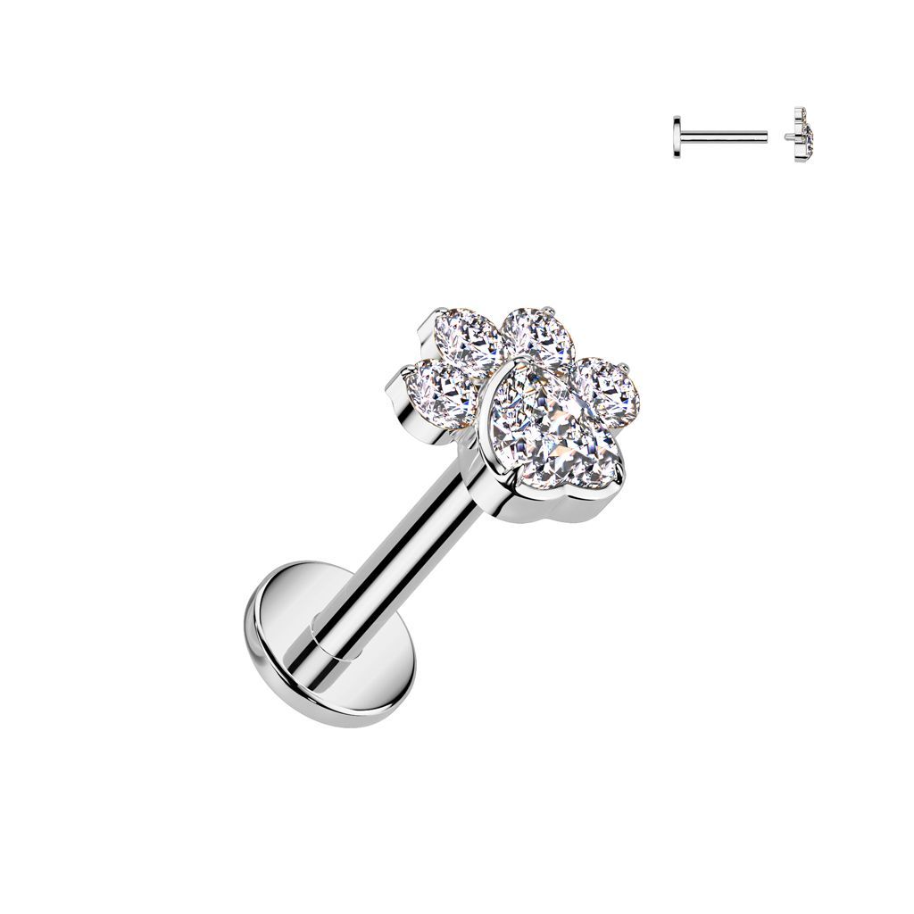 Implant Grade Titanium Internally Threaded Flat Back Stud With CZ Heart And 4 CZ Paw Top