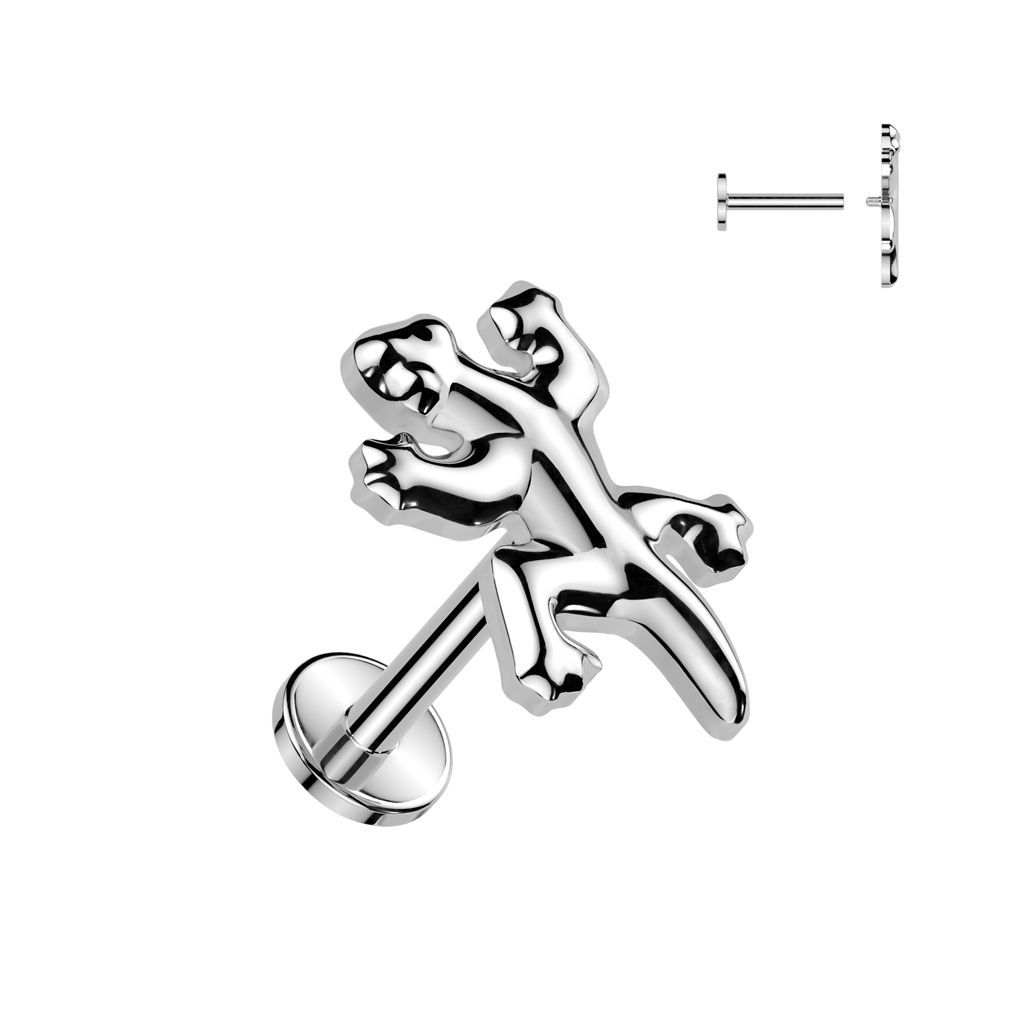 Implant Grade Titanium Internally Threaded Labret, Flat Back Stud With Gecko Top